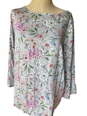 J. Jill silky Gray Floral & Hummingbird Long-Sleeve Boatneck Top
